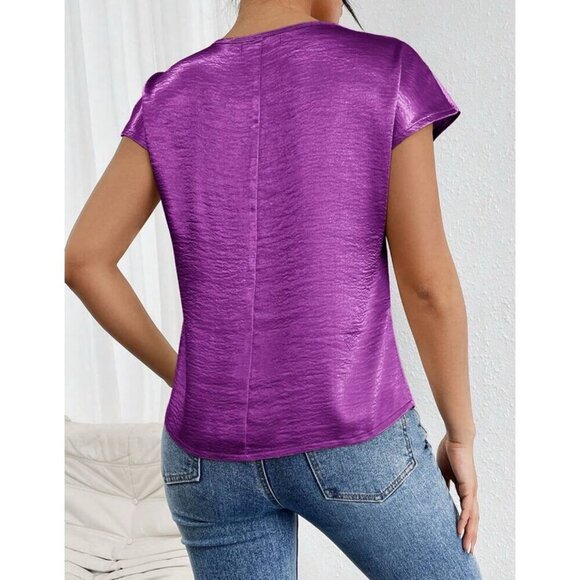 Shiny Purple Satin Blouse Womens Short Sleeve Round Neck Casual Top - Picture 5 of 5